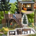 Busch 1588 H0 real wood viewing platform kit with visitor terrace, feeding shelter, staircase and finished spruce tree for wildlife park scenes.