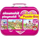 Schmidt Spiele 56498 Puzzle-Box: PLAYMOBIL im Rosa Metallkoffer mit 4 Kinderpuzzles (2 x 60 und 2 x 100 Teile)