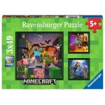 Ravensburger 05621 Minecraft Biomes Puzzle mit drei Minecraft-Motiven, 3 x 49 Teilen und Verpackung im Hintergrund