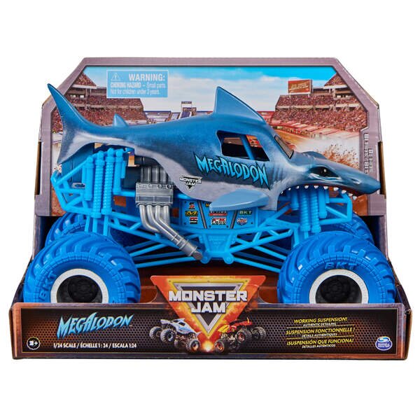 Spin Master Monster Jam Megalodon 1:24 die-cast monster truck featuring a shark-inspired body, official BKT rubber tyres, detailed chassis and working suspension.