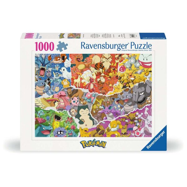 Ravensburger 12000832 Pokémon Abenteuer Puzzle mit 1000 Teilen, farbenreichem Pokémon-Motiv und Verpackung im Hintergrund