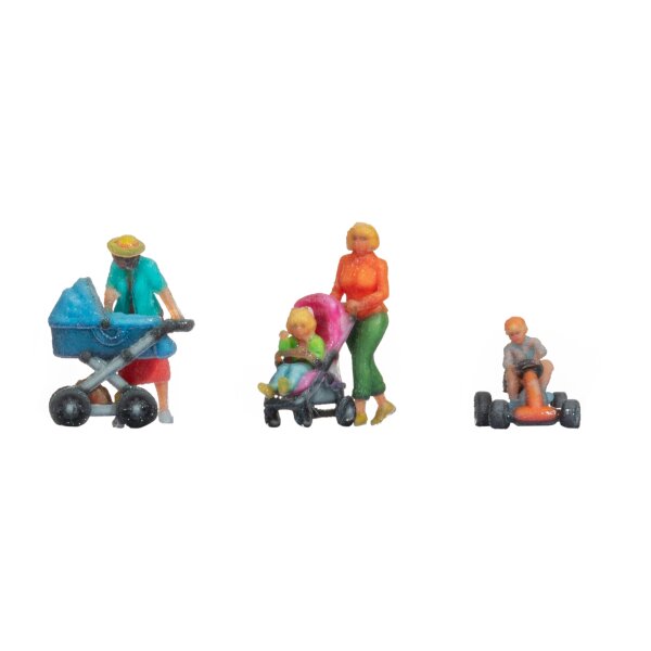 NOCH 44445 Mütter mit Kindern als farbige 3D-Master-Figuren für Spur Z im Maßstab 1:220 mit Kinderwagen, Buggy und Tretfahrzeug.