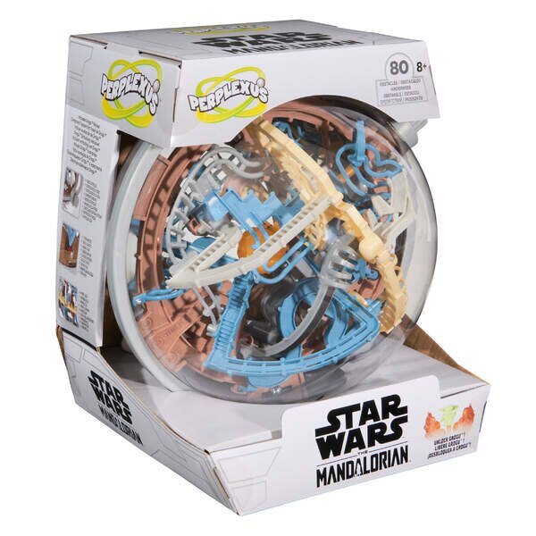 Spin Master Perplexus Star Wars The Mandalorian transparent 3D maze sphere with 80 obstacles, interactive track elements and display stand for skill-based gameplay.