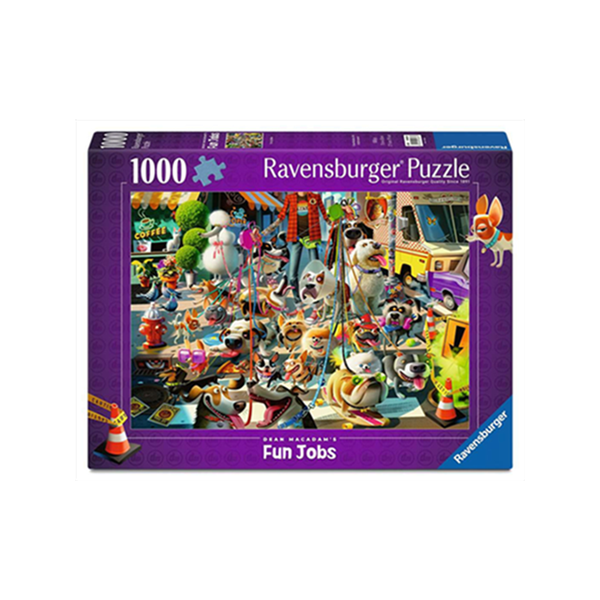 Ravensburger Puzzle Vierbeiner auf Tour 1000 Teile mit detailreicher Hundeszene und Verpackung im Hintergrund