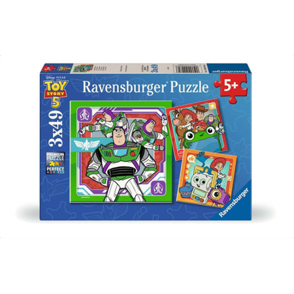 Ravensburger Toy Story 5 Puzzle 12004284 featuring three puzzle images and product packaging in the background