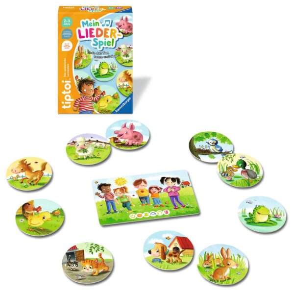 Ravensburger tiptoi® 00237 Mein Lieder-Spiel mit Spielmaterial, Kinderliedern und Verpackung im Hintergrund