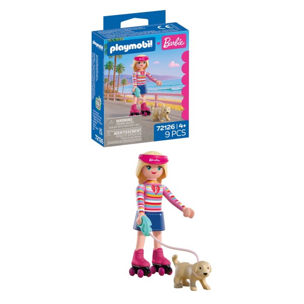 PLAYMOBIL 72126 x Barbie™ Malibu mit Welpe Taffy und Verpackung im Hintergrund
