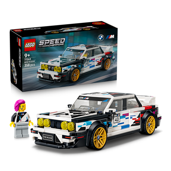 LEGO® Speed Champions 77263 BMW M3 (E30) featuring authentic racing livery and BMW driver minifigure.