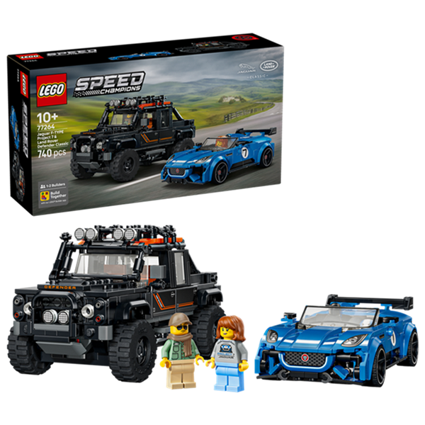 LEGO® Speed Champions 77264 mit Jaguar Project 7 und Land Rover Defender als detailreiche britische Fahrzeugmodelle mit zwei Minifiguren.