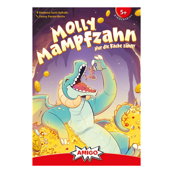 AMIGO 02657 Molly Mampfzahn Kinderspiel mit Drachenfigur, 48 Futter Plättchen und 5 Truhen für 2 bis 4 Spieler ab 5 Jahren