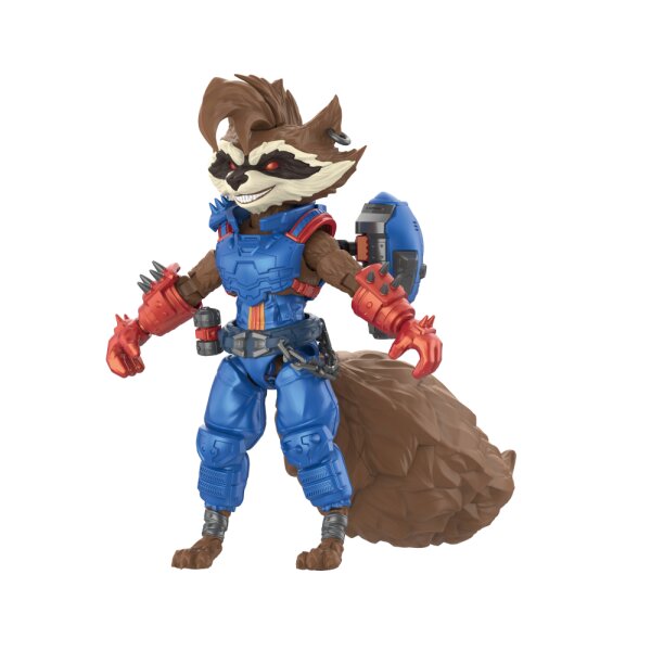 Dickie Toys 201122031 Blokees Marvel Rivals Rocket Raccoon model kit with an articulated Rocket Raccoon figure, special effect parts and weapon stand.
